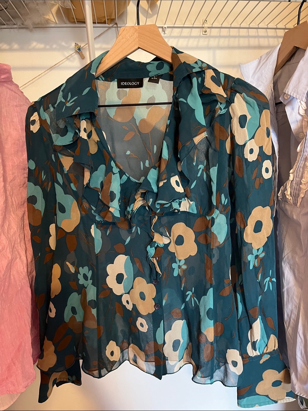Ideology Teal and Cream Floral Ruffle Blouse